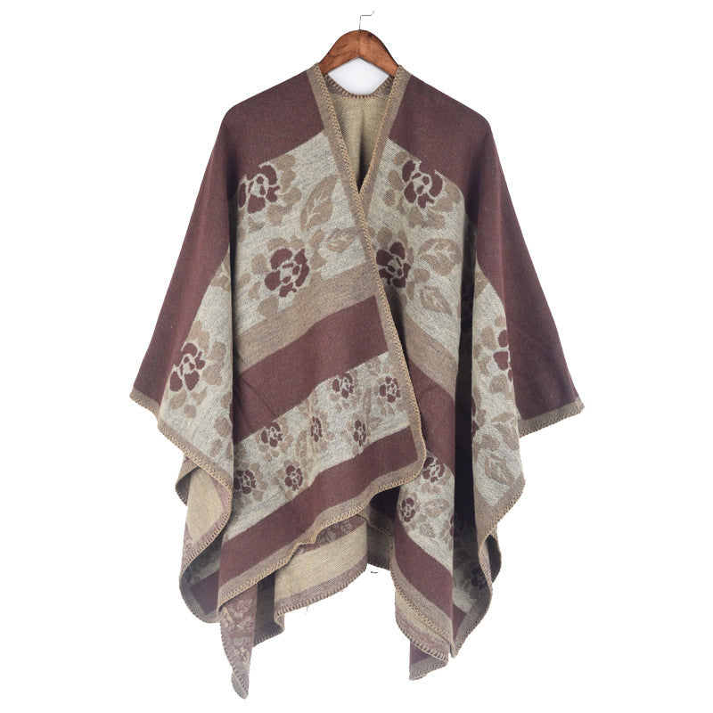 Autumn And Winter Women's Jacquard Split Shawl Flower Cloak