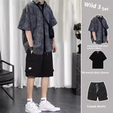 Summer Hong Kong Style Short Sleeve Shirt Coat Shorts Three-piece Suit