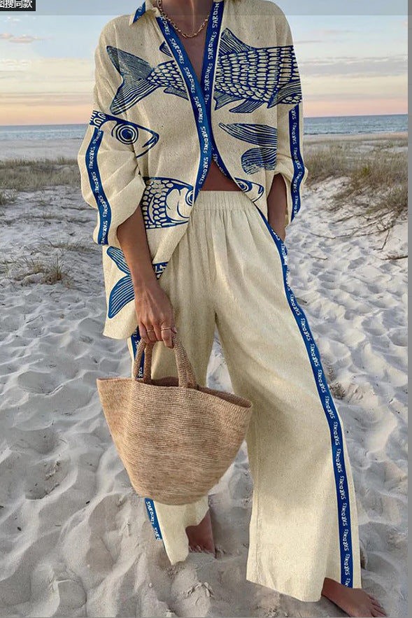 Women's Casual 3D Digital Printing Fashion Shirt And Trousers