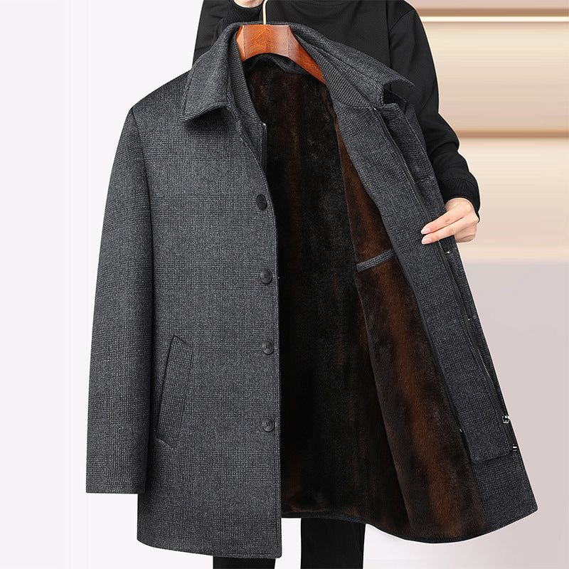 Men's Checked Mid-Length Wool Fleece Coat with Detachable Double Collar