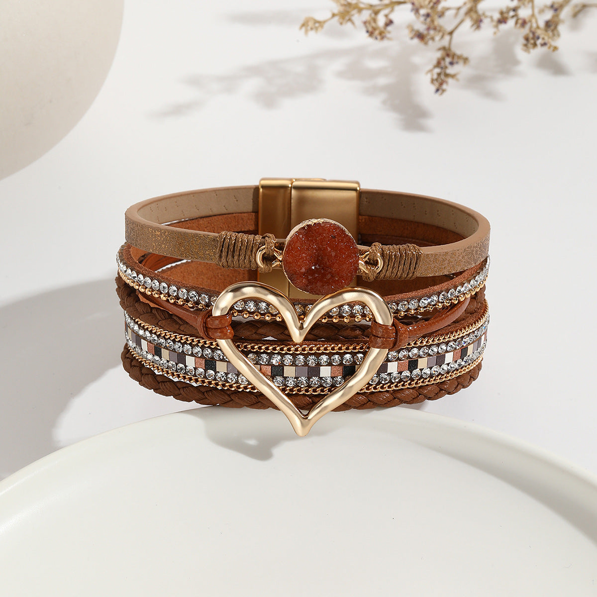 Leather Cord Bracelet Bohemian Multi-layer Rough Stone Love Jewelry For Girls