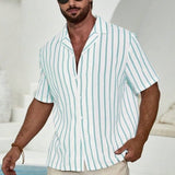 Geometric Contrast Color Striped 3D Digital Printing Short Sleeve Shirt