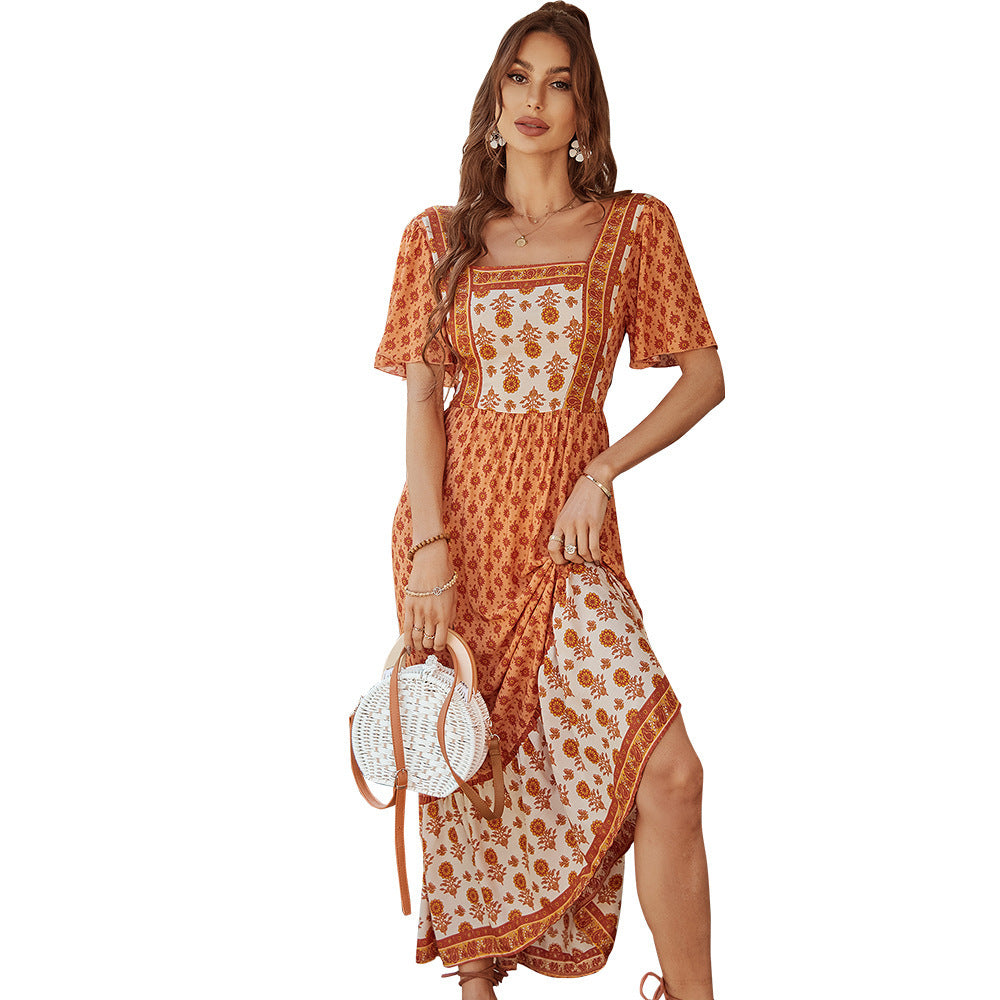 French Print Vacation Style Square Collar Dress