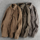 Мужская рубашка с длинными рукавами в стиле ретро American Retro Trend Stripes из хлопчатобумажной ткани, комфортный и повседневный комбинезон