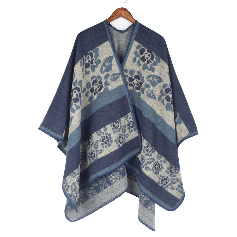 Autumn And Winter Women's Jacquard Split Shawl Flower Cloak