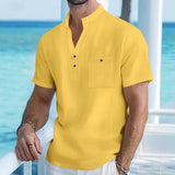 Stand Collar T-shirt Linen Short Sleeve Shirt Men