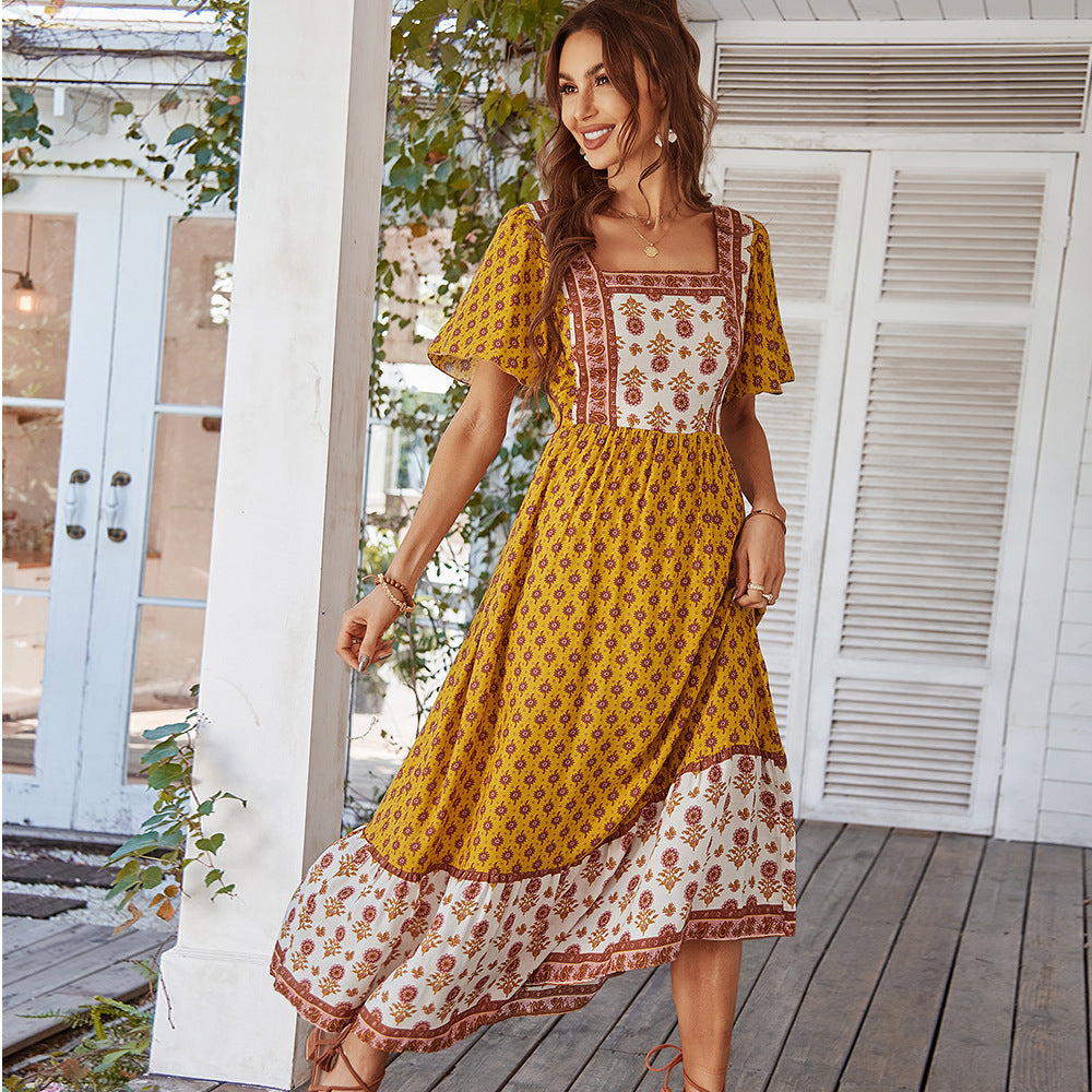 French Print Vacation Style Square Collar Dress