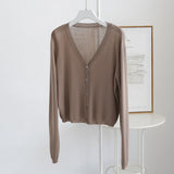 Spring And Summer V-neck Short Tencel Knitted Cardigan Pure Color All-matching