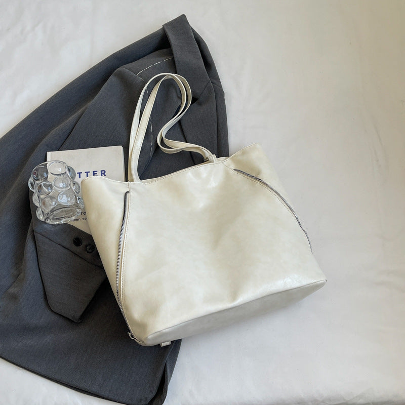 Tote Bag Women's Large Capacity Oil Leather Double Zipper
