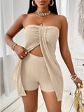 Solid Color Twisted Front Split Green Strapless Top And Shorts Set