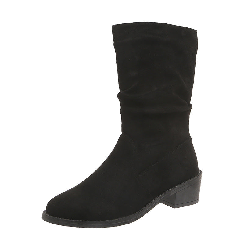 Large Size Thick Heel Pointed Toe Mid-calf Smoke Pipe Boots For Women
