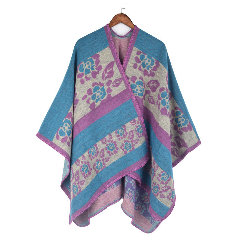 Autumn And Winter Women's Jacquard Split Shawl Flower Cloak