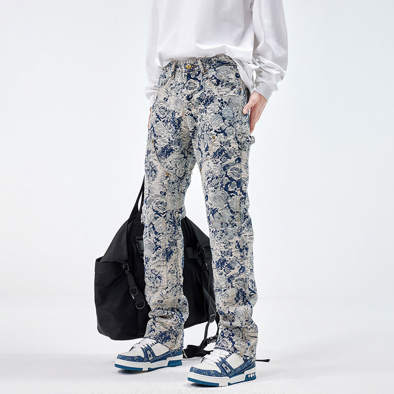 All-matching Loose Fashion Denim Jacquard Pants For Boys