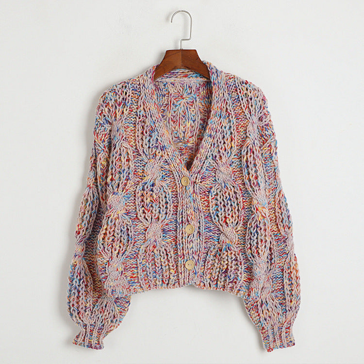 Knitting Needle Hand Crochet Colorized Sweater Women's V-neck