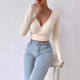 Short Deep V-neck Slim-fit Long Sleeve Knitted Sweater
