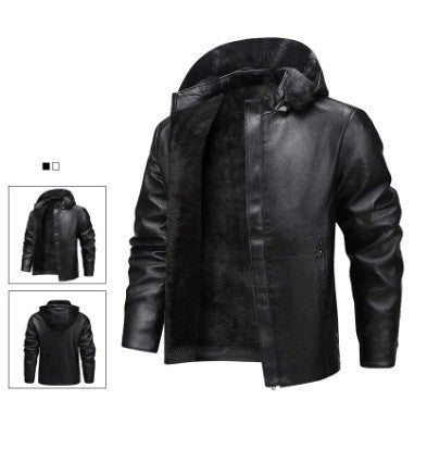 Men's autumn-winter leather coat with fleece lining, thickened