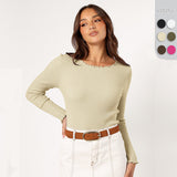 Round Neck Long Sleeve Slim Fit Shoulder Rib Women's Top