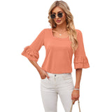 Square Collar Ruffled Half Sleeve Solid Color Loose T-shirt
