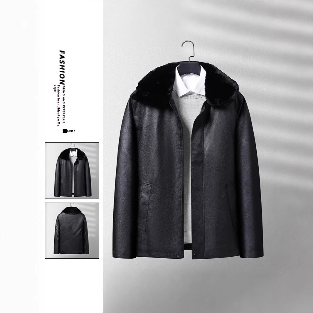Men's autumn-winter leather coat with fleece lining, thickened