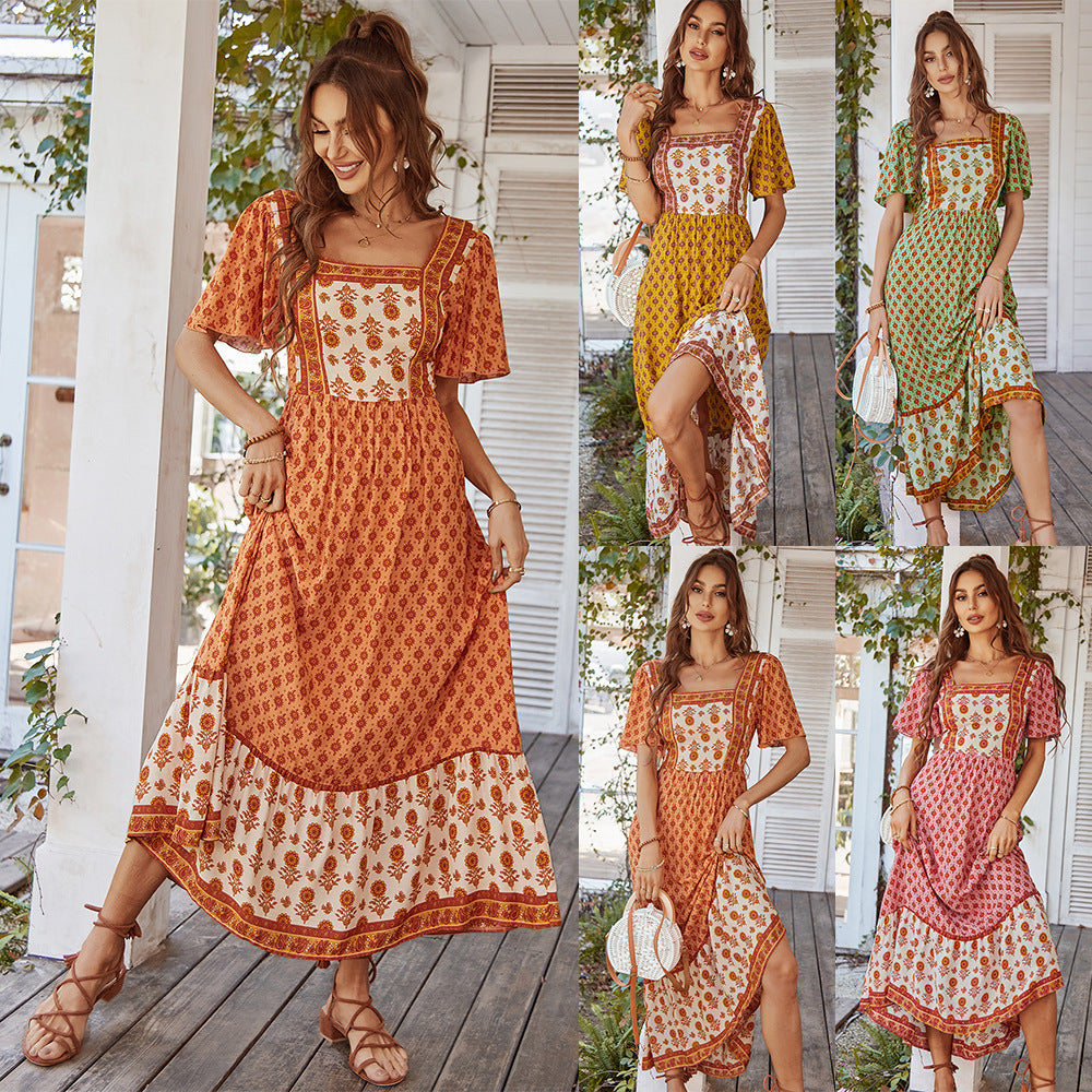 French Print Vacation Style Square Collar Dress