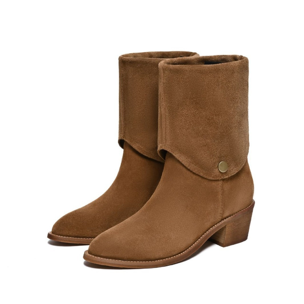 Matte Cowhide Western Denim Pointed-toe Short Tube Boots Fashion Boots Pile Style Boots All-matching