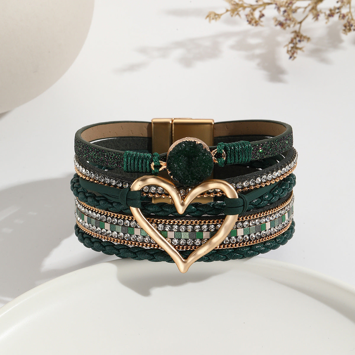 Leather Cord Bracelet Bohemian Multi-layer Rough Stone Love Jewelry For Girls