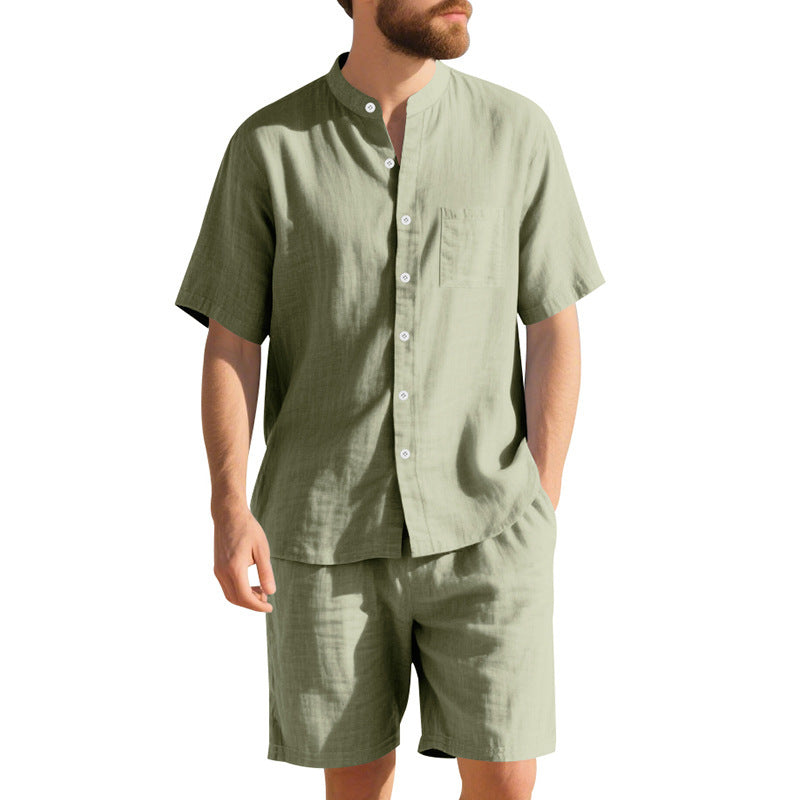 American Linen Suit Men Summer Two Piece Suit With Henry Collar Beach