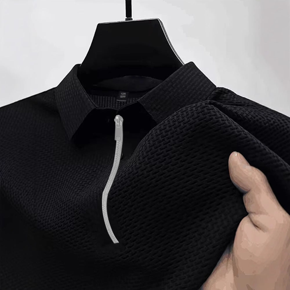 High-end Mesh Ice Silk T-shirt Half Zipper