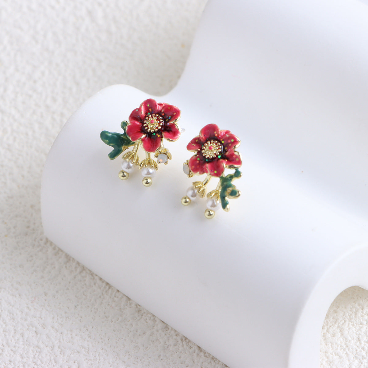 925 Silver Needle Drop Oil Pearl Flower Earrings
