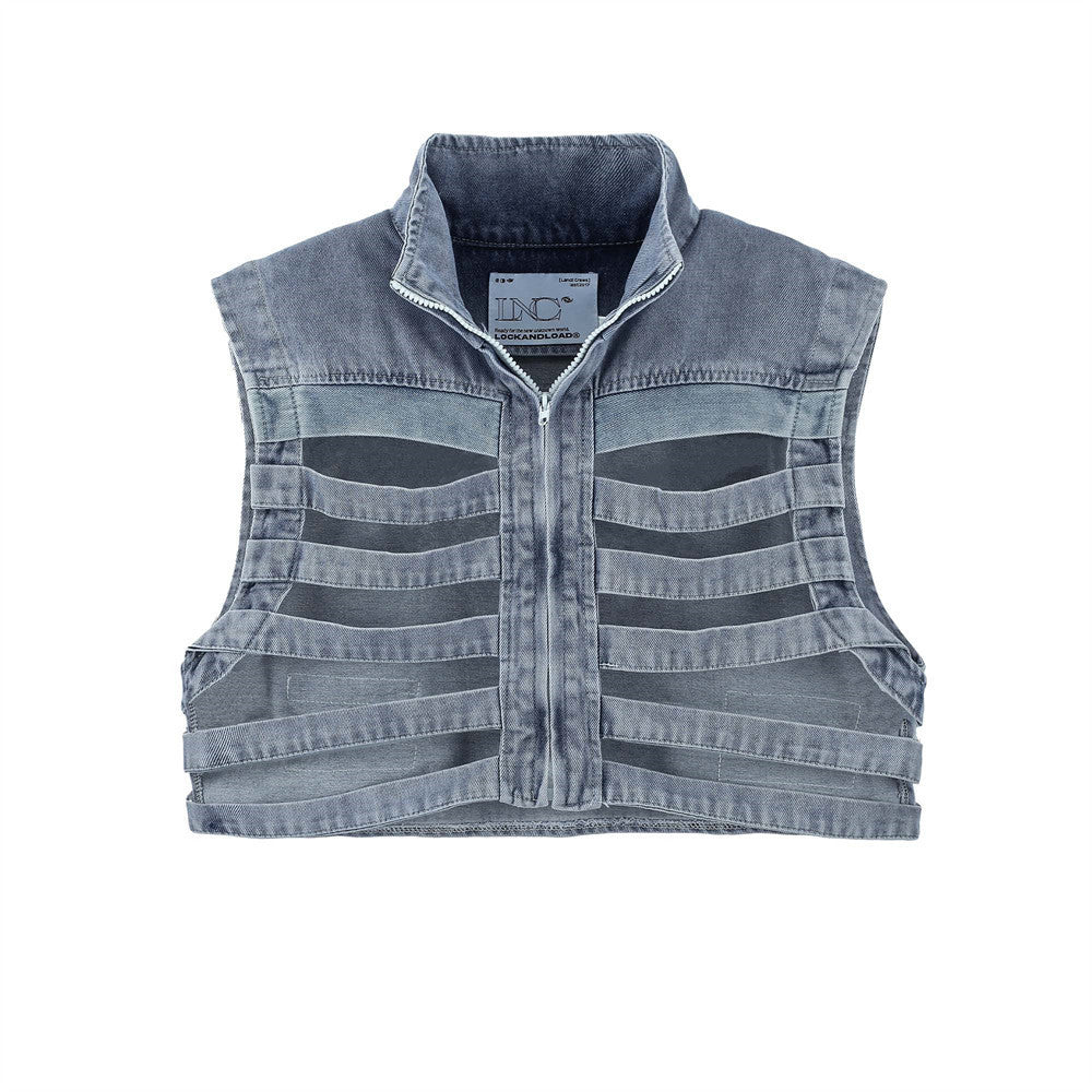 Short Hollow-out Denim Stand Collar Vest Men's Workwear Sleeveless Vest