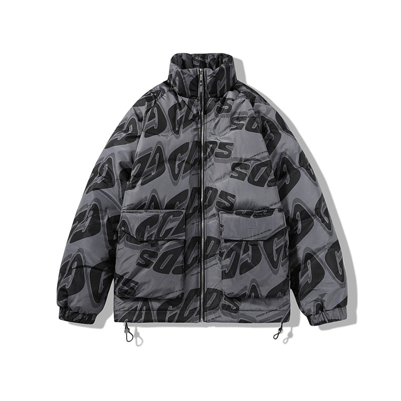 Men's Puffer Jacket with Stand-Up Collar and Full Letters