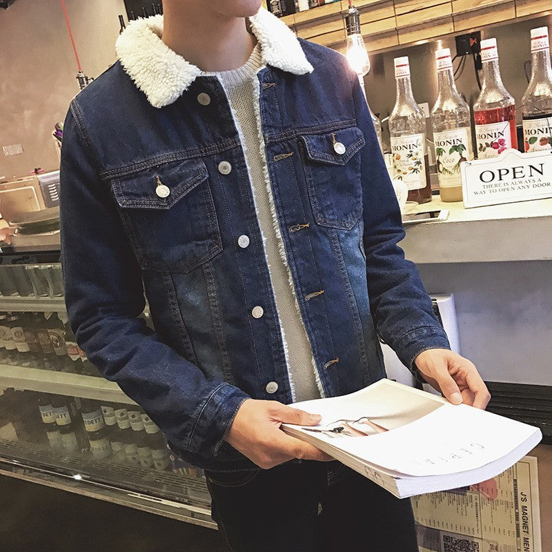 Winter Denim Coat with Fleece Lining for Men Thickened