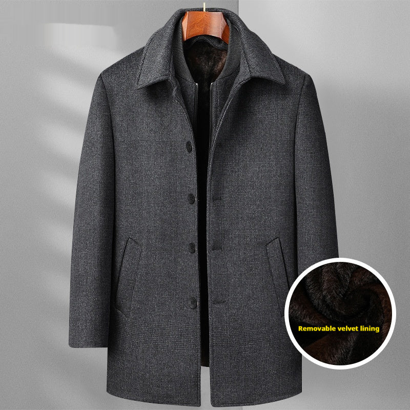 Men's Checked Mid-Length Wool Fleece Coat with Detachable Double Collar