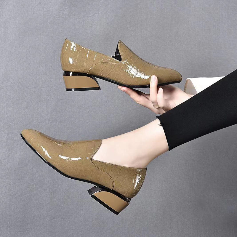 New Genuine Leather Pointed-toe Chunky Heel Shoes Women