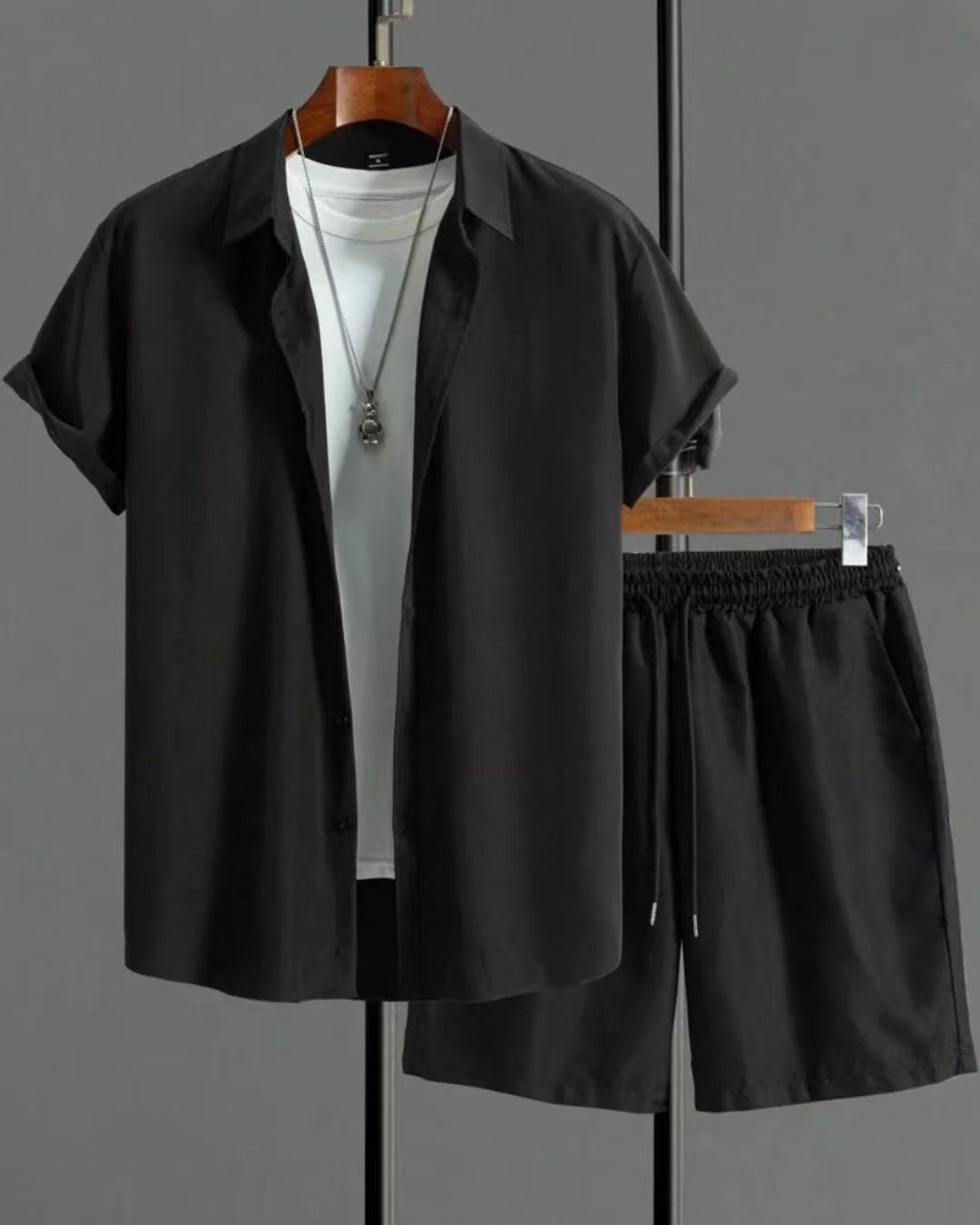 Black and white jacquard suit with short sleeves