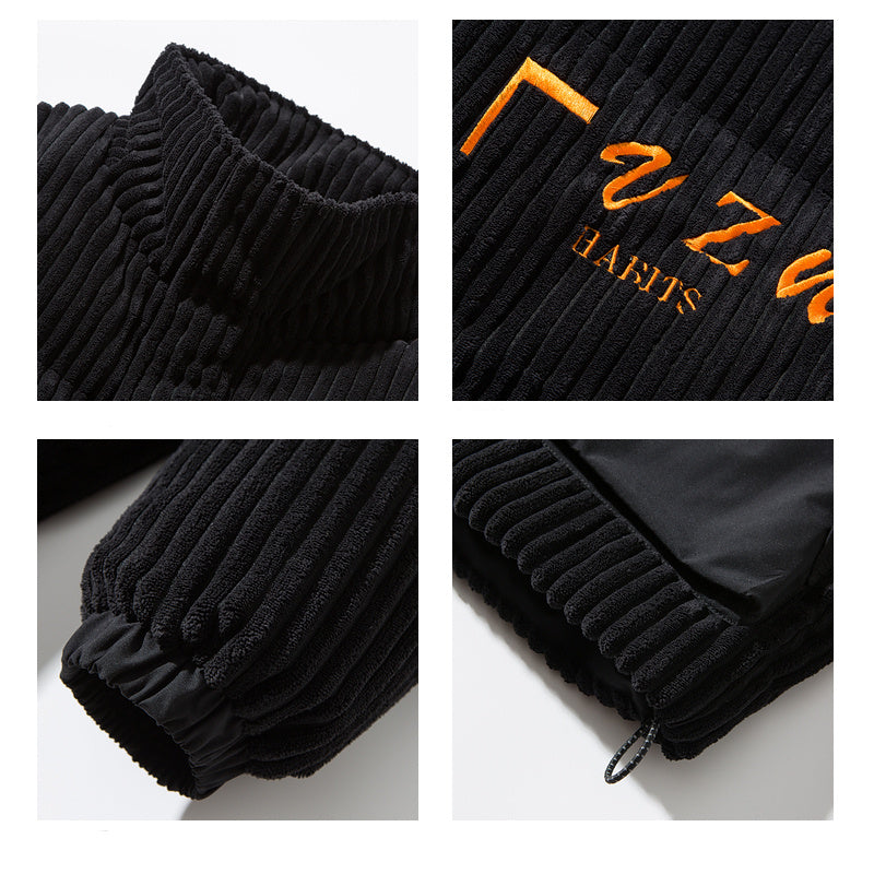 Retro Corduroy Down Jacket with Stand-up Collar, Men's Winter Loose and Warm