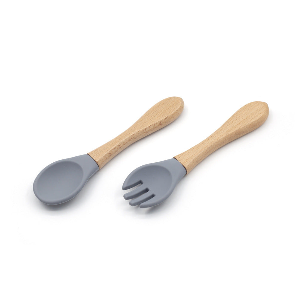 Grade Wooden Handle Silicone Spoon Fork Tableware Training Complementary Food Baby Feeding