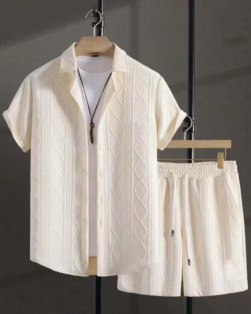 Black and white jacquard suit with short sleeves