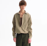 Зеленый Leisure Commute Deep V Elastic Lower Hem Свободный Длинный Рукав