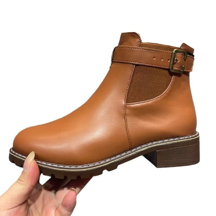 Belt Buckle Decoration Round Head Ankle Boots