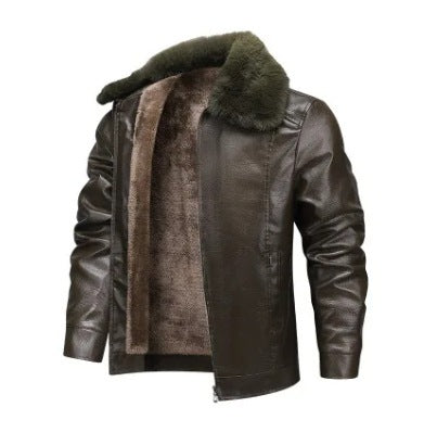 Men's autumn-winter leather coat with fleece lining, thickened