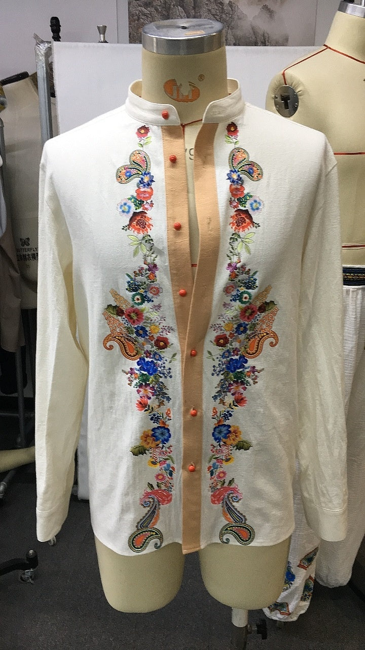 Retro Men's Casual Tops Open Collar Embroidered Shirt
