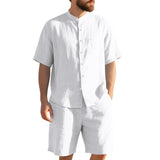 American Linen Suit Men Summer Two Piece Suit With Henry Collar Beach