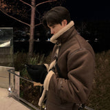 Мужское зимнее свободное и теплое пальто с воротником-стойкой на хлопковой подкладке