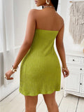 Solid Color Twisted Front Split Green Strapless Top And Shorts Set
