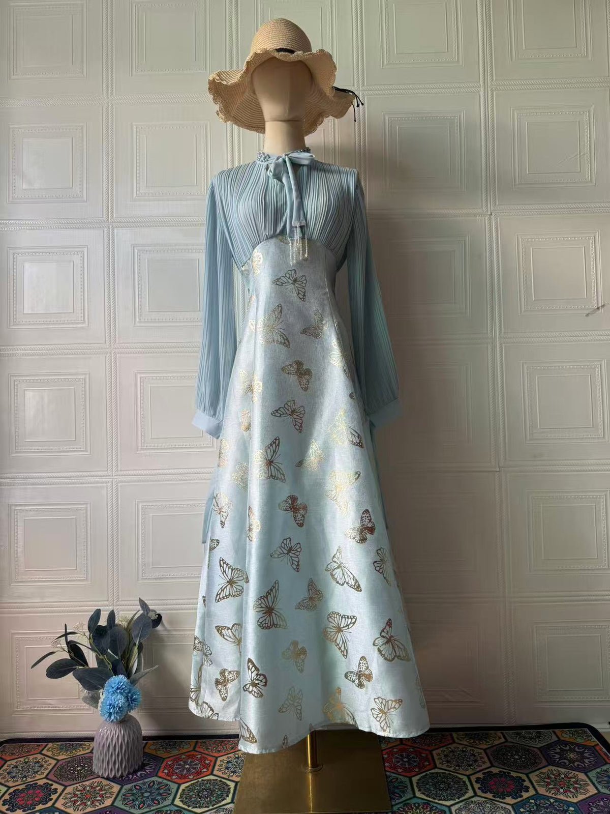 Elegant Long Sleeve Butterfly Bronzing Dress