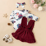 Printed Long-sleeved Baby Girl Romper Two-color Strap Ruffled Dress Headdress Three Pieces