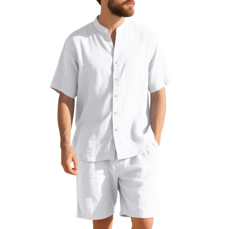 American Linen Suit Men Summer Two Piece Suit With Henry Collar Beach