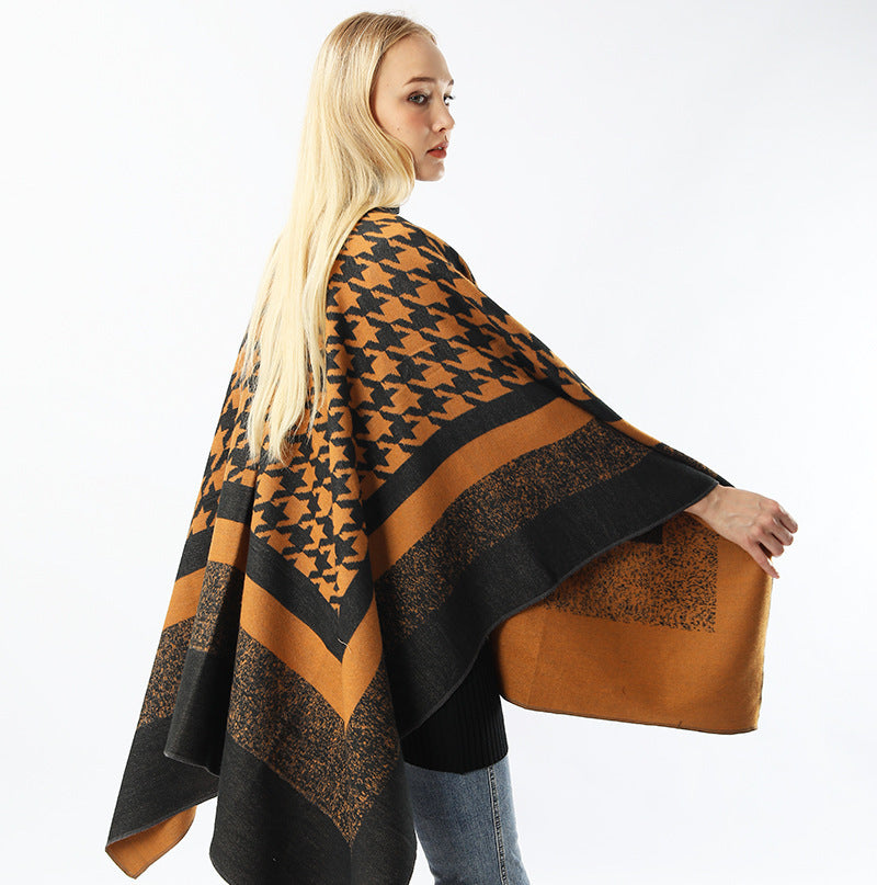 Women's Houndstooth Cape and Shawl, Fashionable Simple Retro Cape Goes with Everything