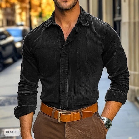 Мужская рубашка на пуговицах вельветовая с длинным рукавом и однотонным воротником-поло